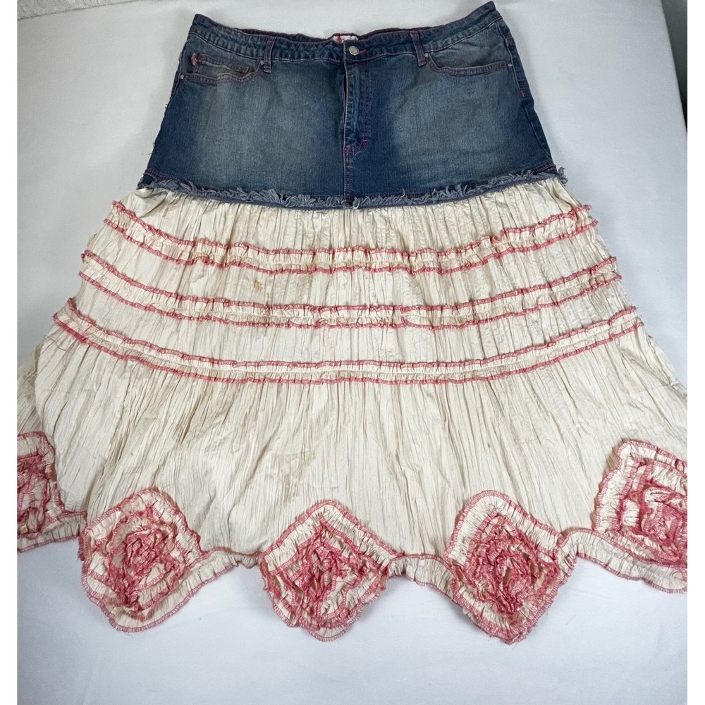 Crest The Collection Denim Jean Skirt Ruffled Tiered Cotton Pink Stitch Sz 23 24